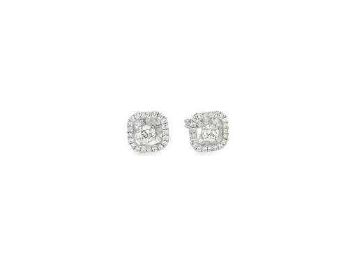 18K White Gold Cushion Halo Stud Earrings with Natural Round Center Diamonds